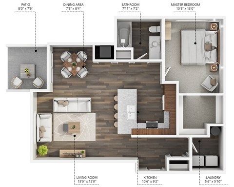 Floor plan for 1 bed, 1 bath, 848 sqft